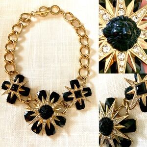 Chunky Gold Link Starburst Lion Head Necklace Statement Mob Wife Gold Black Glam